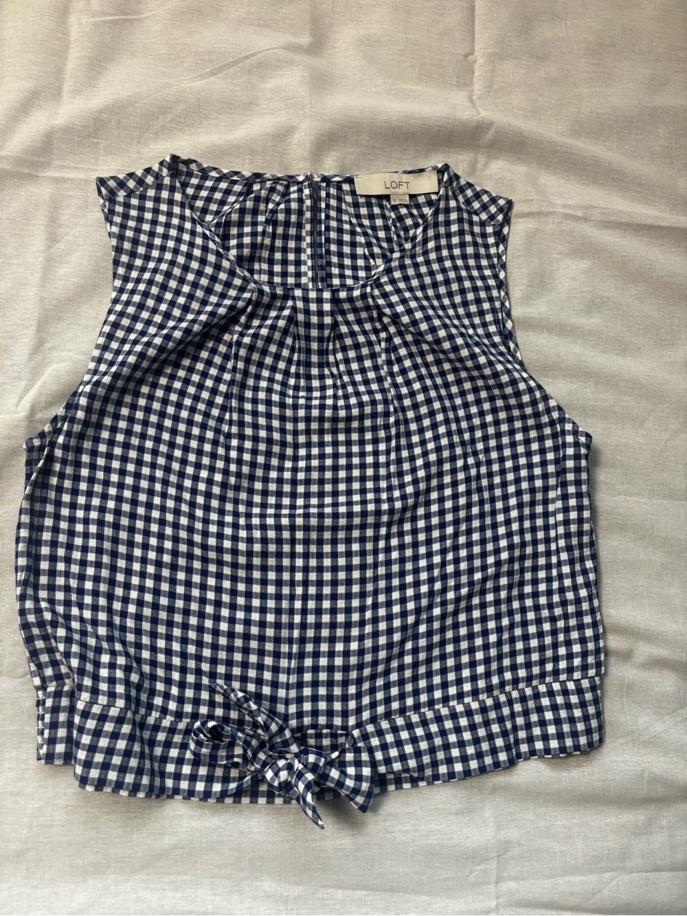 LOFT Navy & White Gingham Tie-Hem Sleeveless Tank Top